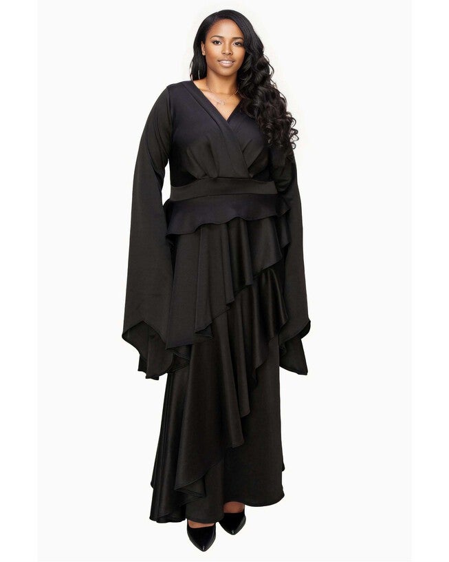 ZETA RUFFLED DRAMA DRESS, Black / Black, hi-res image number 0