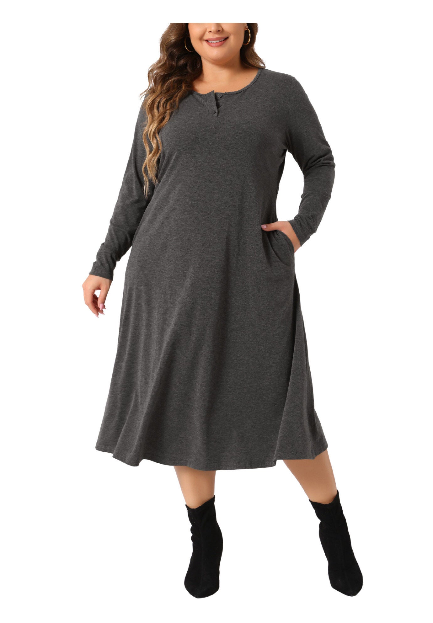 Crew Neck Long Sleeve T-Shirt Dress with Pockets, Dark Gray / Charcoal Grey, alternate image number 2
