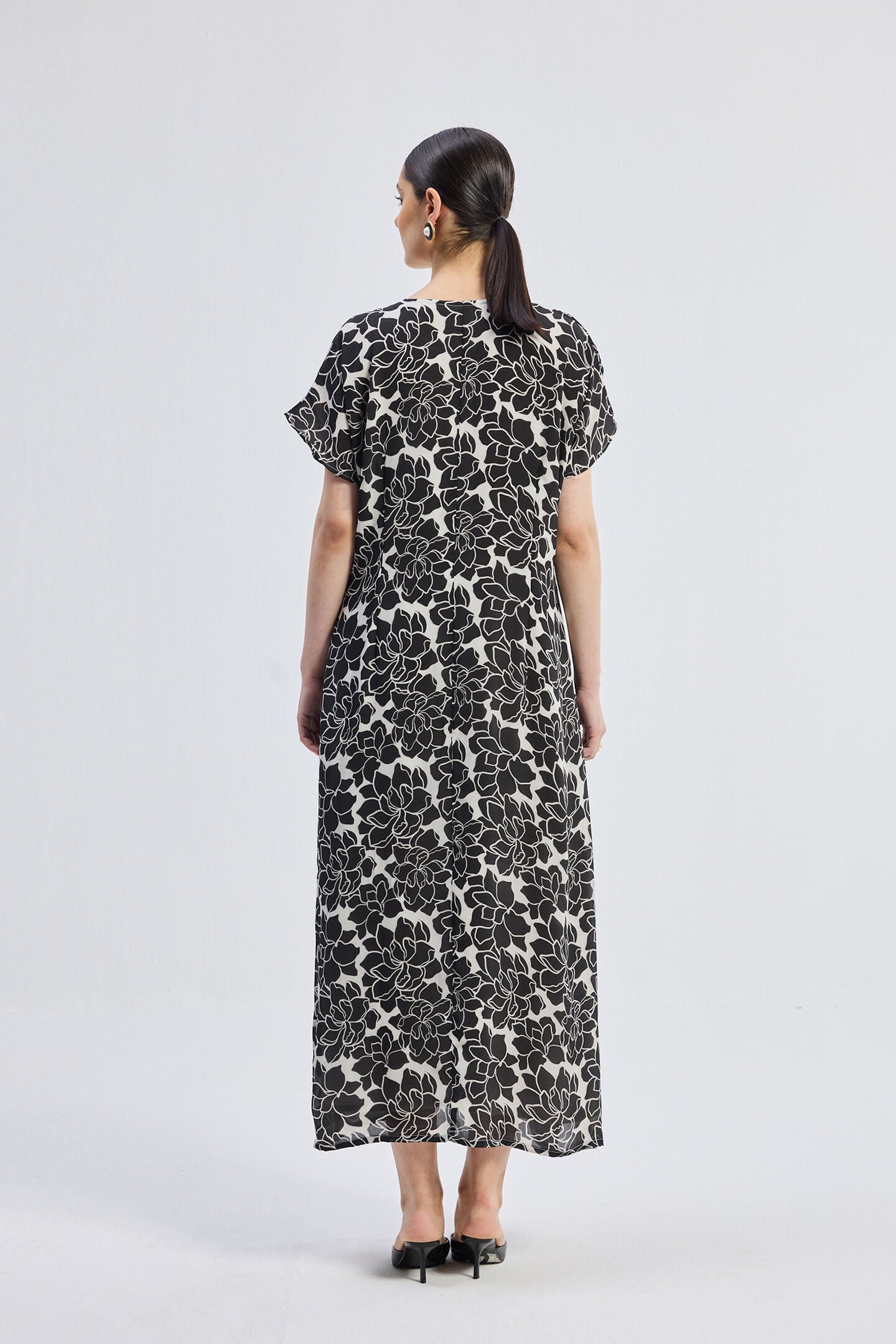 Deep V-neck Maxi Dress with Front Gathers in Black Florals, Midnight Bloom / Black, alternate image number 1