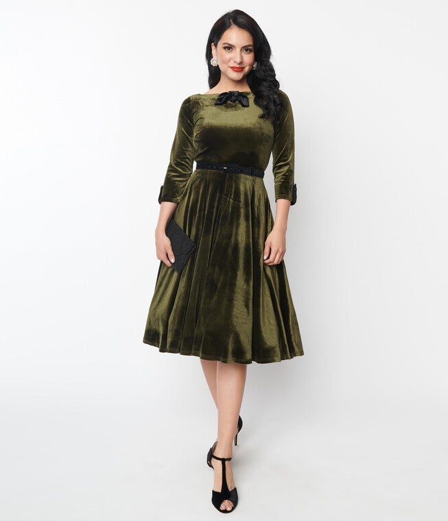 Unique Vintage Deep Olive Green Velvet Faux Bow Devon Swing Dress, Green / Olive Green, hi-res image number 0