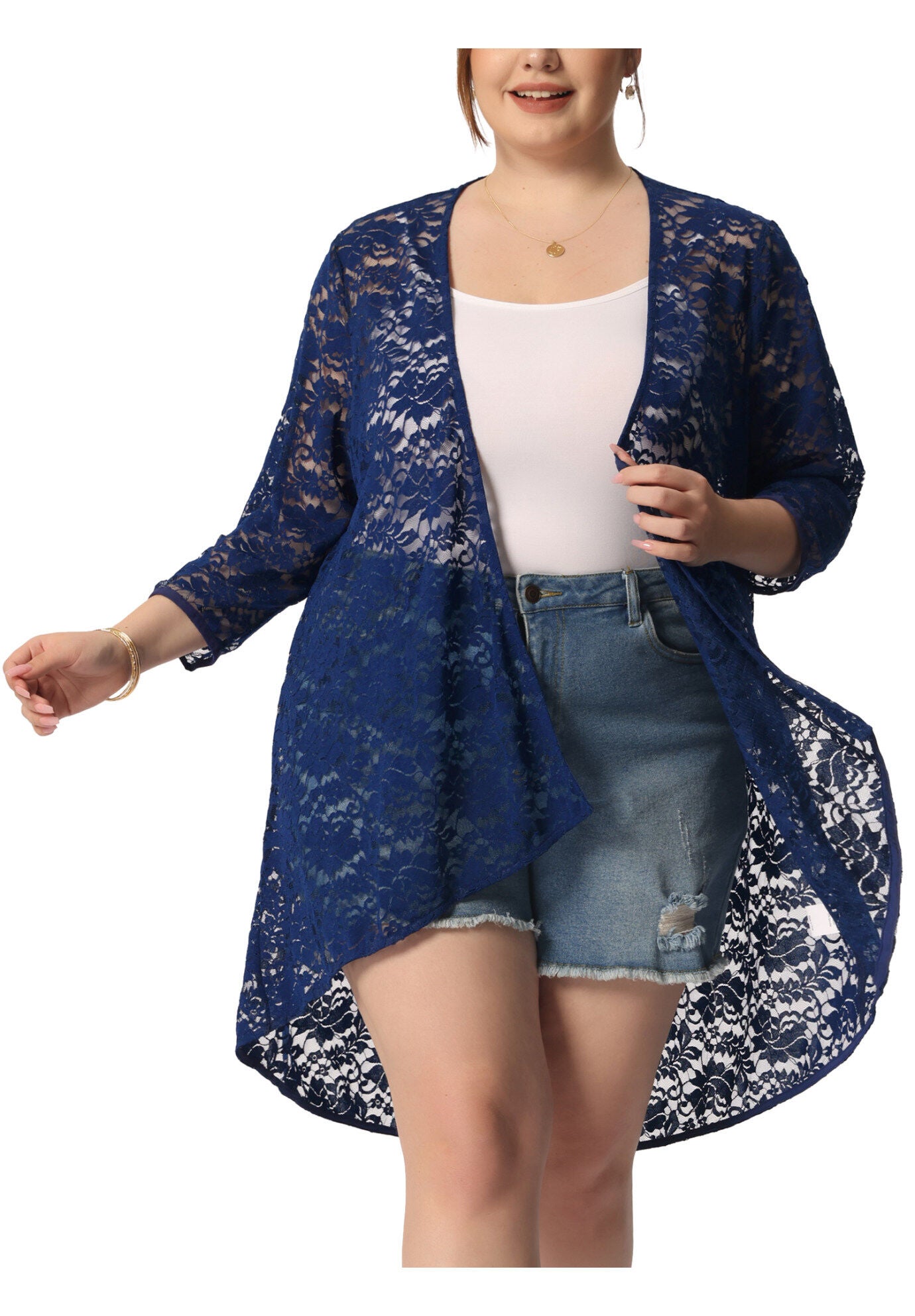 LIGHTWEIGHT 3/4 SLEEVE OPEN FRONT CROCHET LACE COVER UP, Navy Blue / Navy, hi-res image number 0