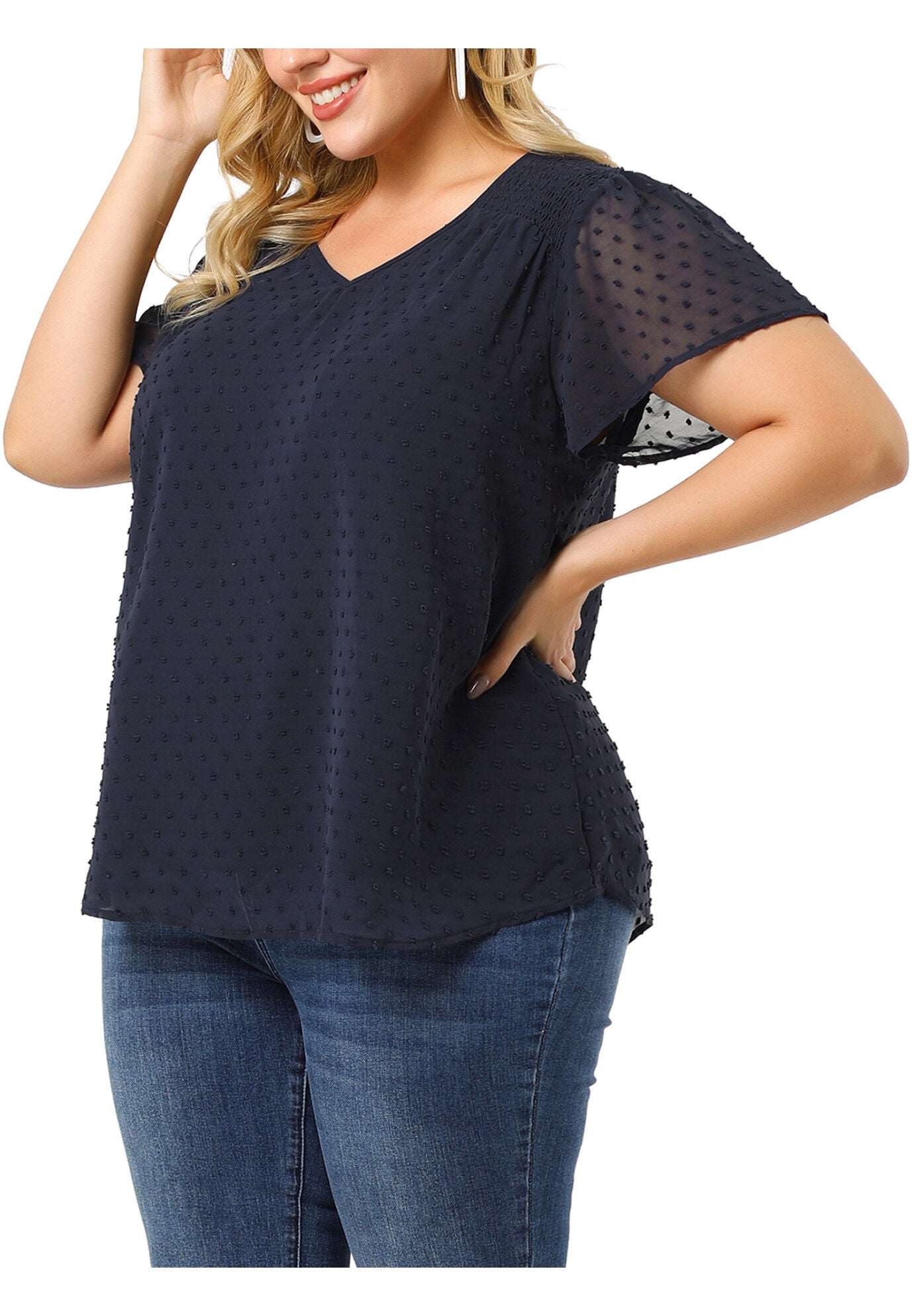 Pin Dots Smocked Flare Sleeve Blouses Tee Top, Royal Blue / Royal Blue, alternate image number 2