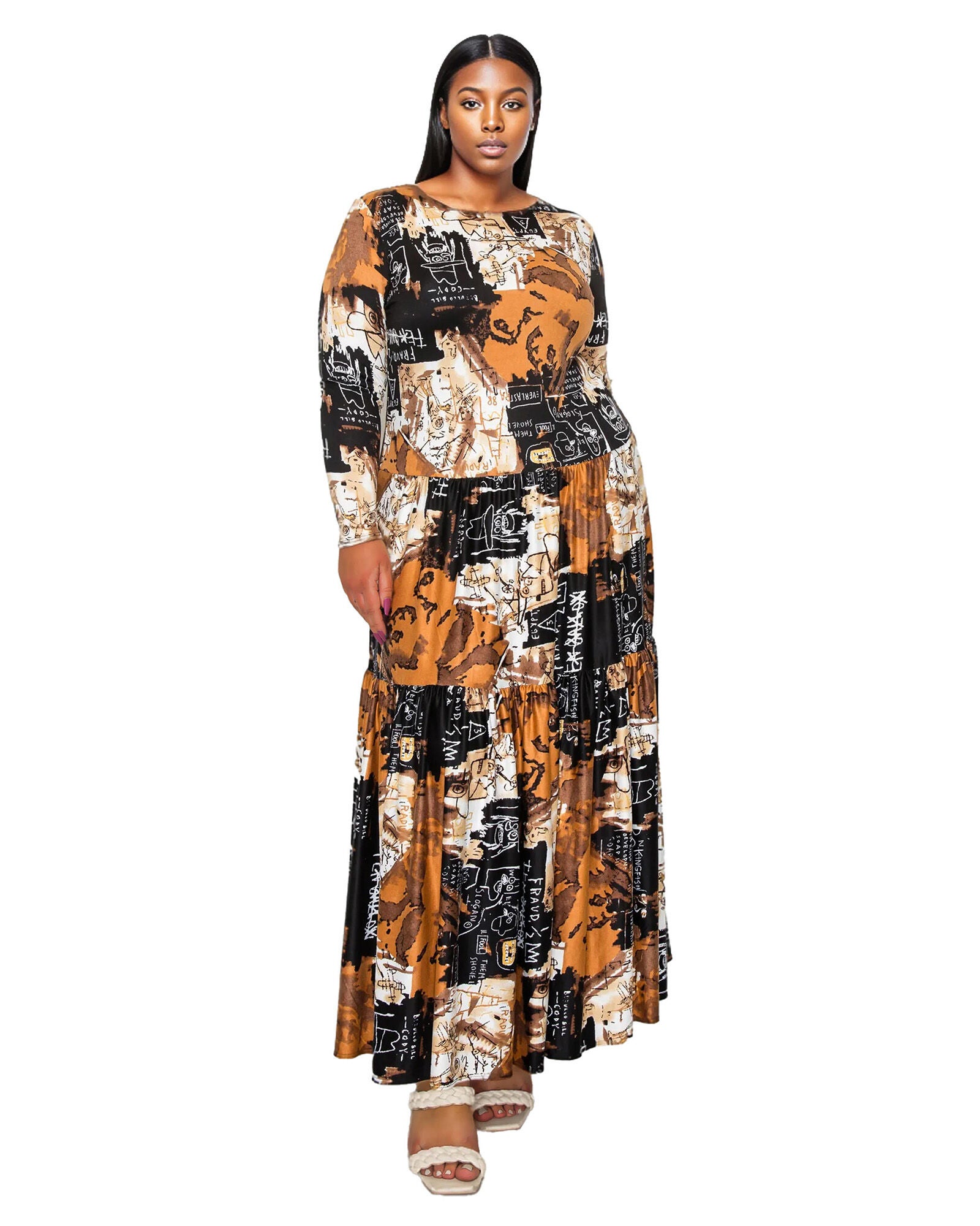 ALAYNA TIERED MAXI DRESS, Black Taupe / Brown, alternate image number 1