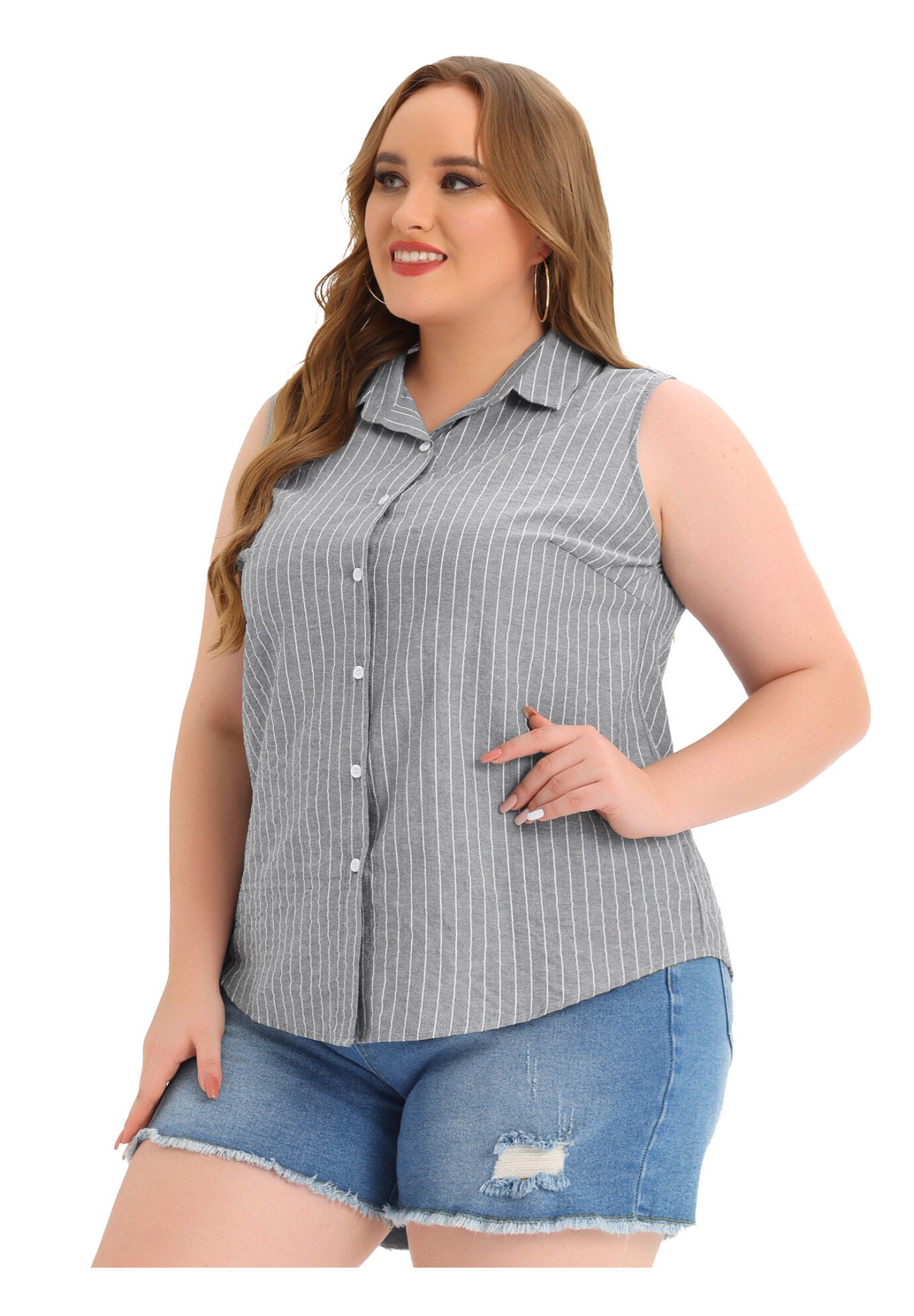 SLEEVELESS TOP SUMMER CASUAL BUTTON DOWN TANK SHIRT, Black / Black, alternate image number 2