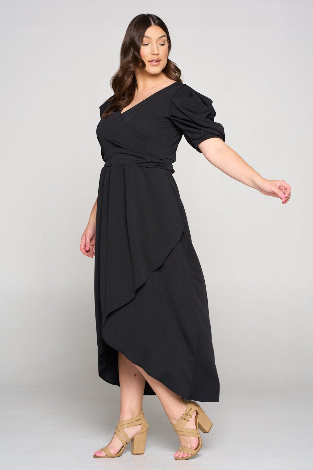 PUFF SLEEVE TULIP WRAP DRESS, Black / Black, alternate image number 2