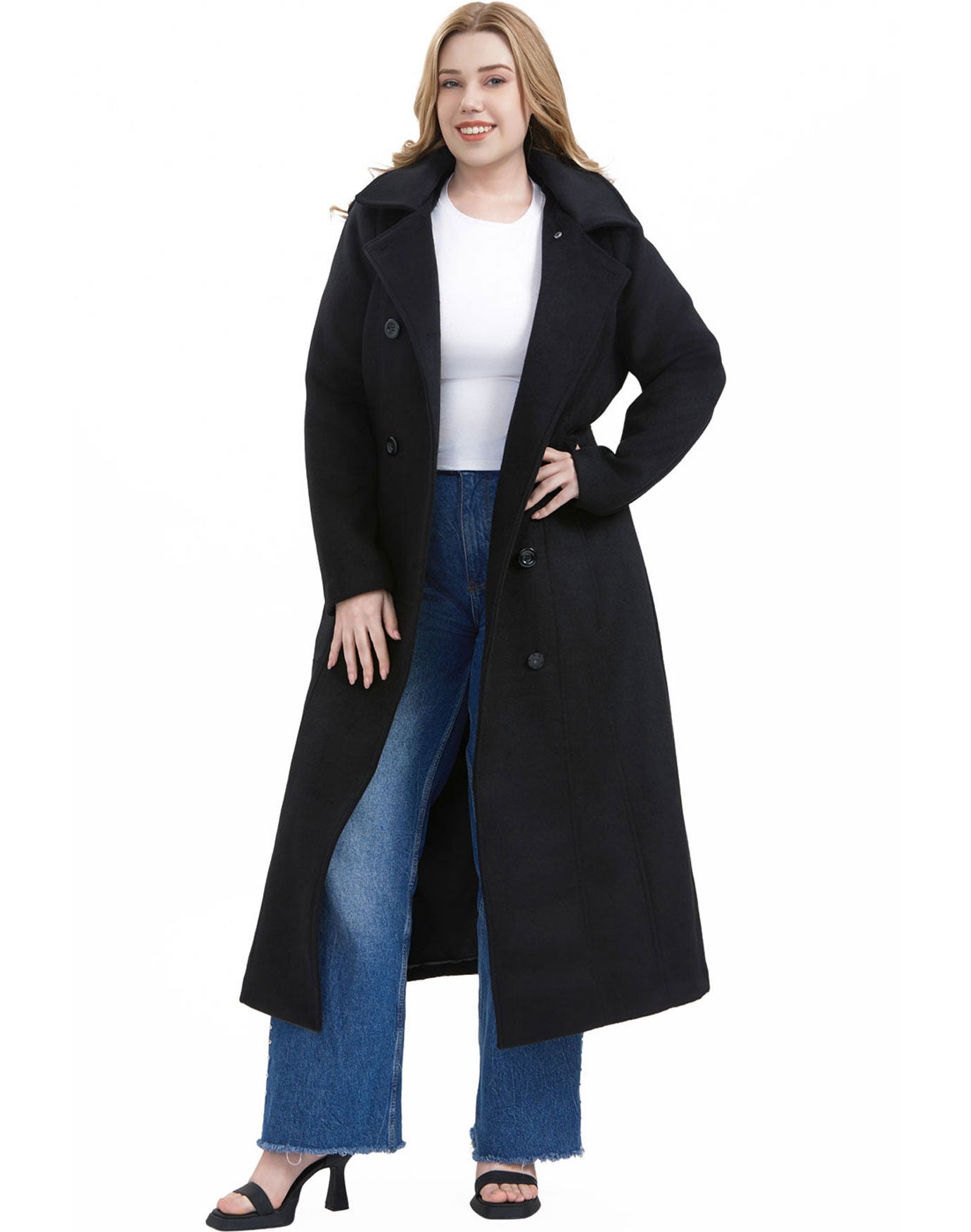 Double -Breasted Hooded Wool Blend Long Coat, Black, alternate image number 2