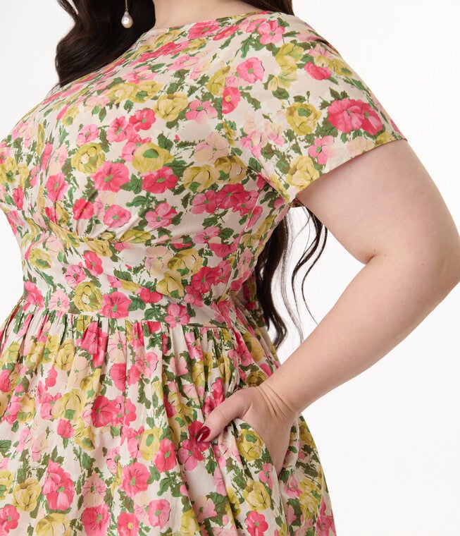 Unique Vintage Plus Size Yellow & Pink Floral Cotton Swing Dress, Light Yellow / Light Yellow, alternate image number 1