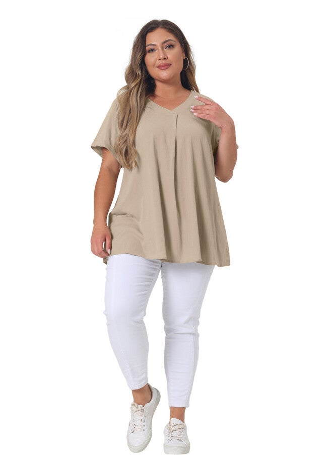 Chambray Pleat Front V Neck Short Sleeve Blouse Top, Khaki / Brown, hi-res image number 0