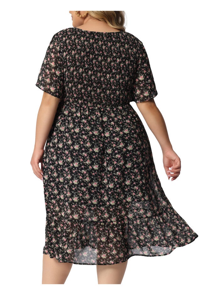 Flare Smock Ruffle Chiffon Floral Midi Dress, Black / Black, alternate image number null