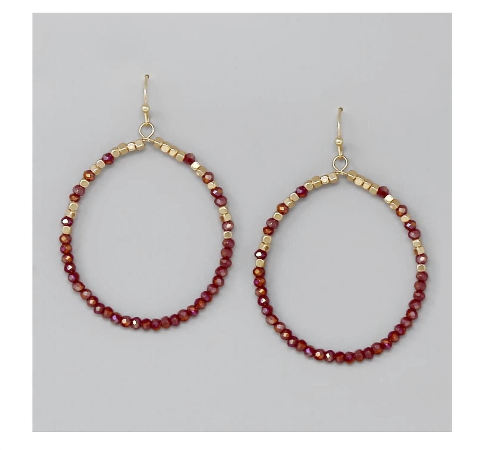 BURGUNDY BEADED HOOP EARRINGS IN BURGUNDY, Burgundy / Red, hi-res image number 0