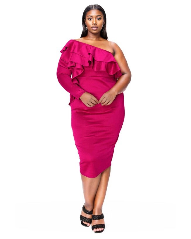 VAL RUFFLED BODYCON DRESS, Magenta / Magenta, hi-res image number 0