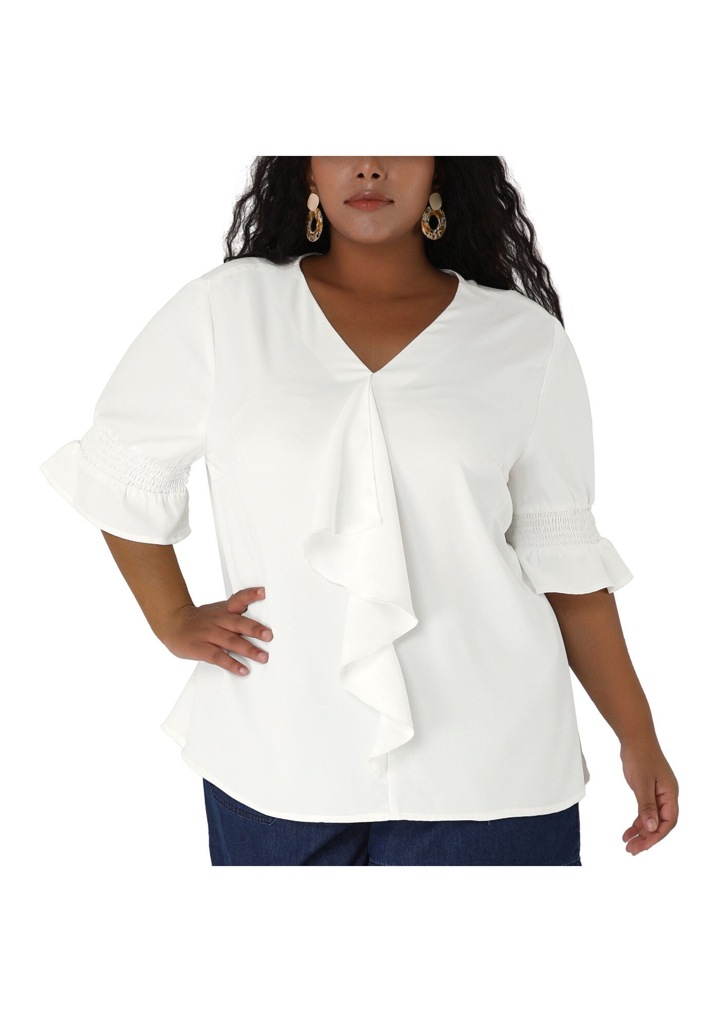 Ruffle Blouse V Neck Smocked Sleeves Top, White / White, alternate image number 2