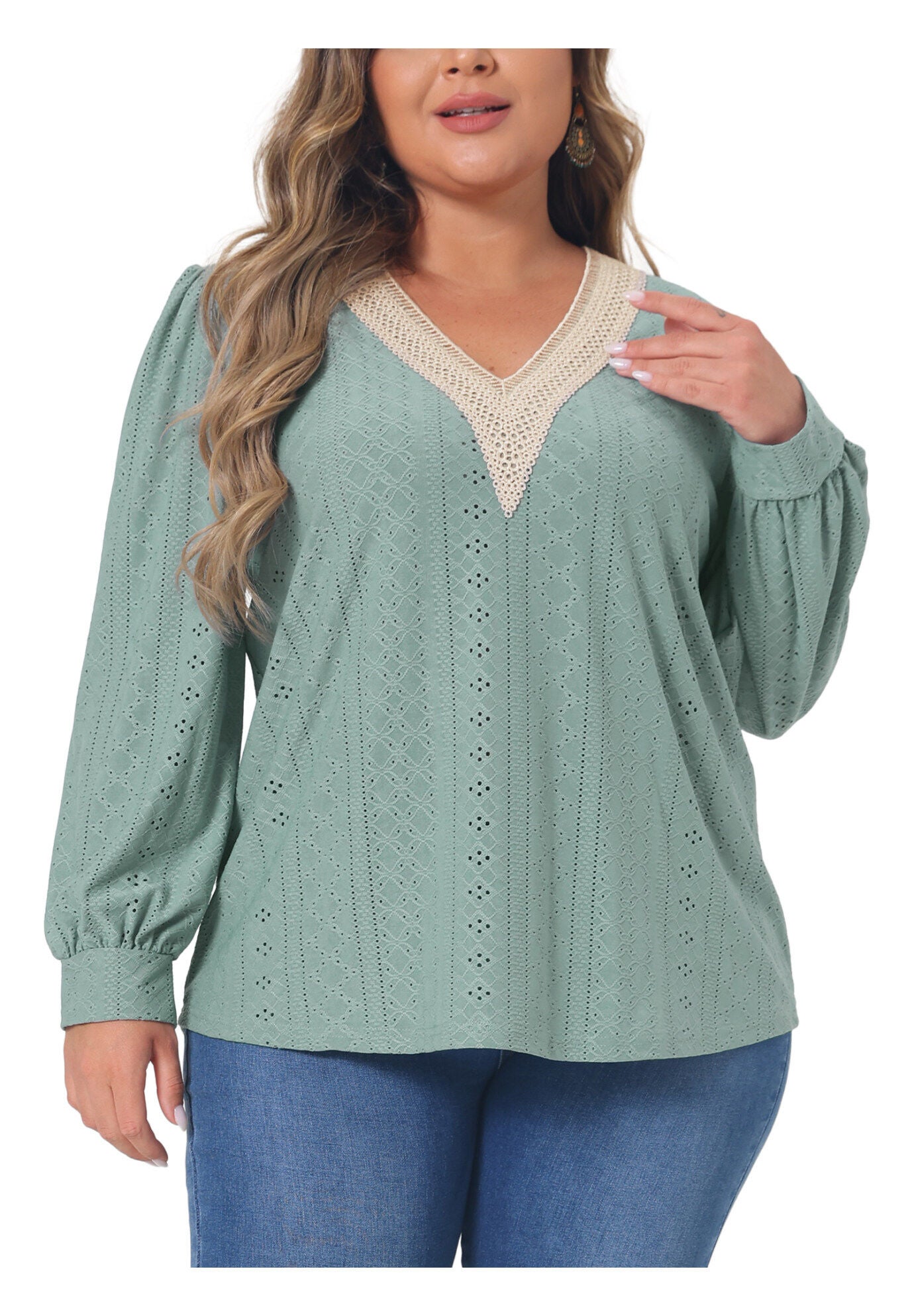 Lace V Neck Petal Long Sleeve Blouse Eyelet Hollow Top, Green / Mint, alternate image number 1