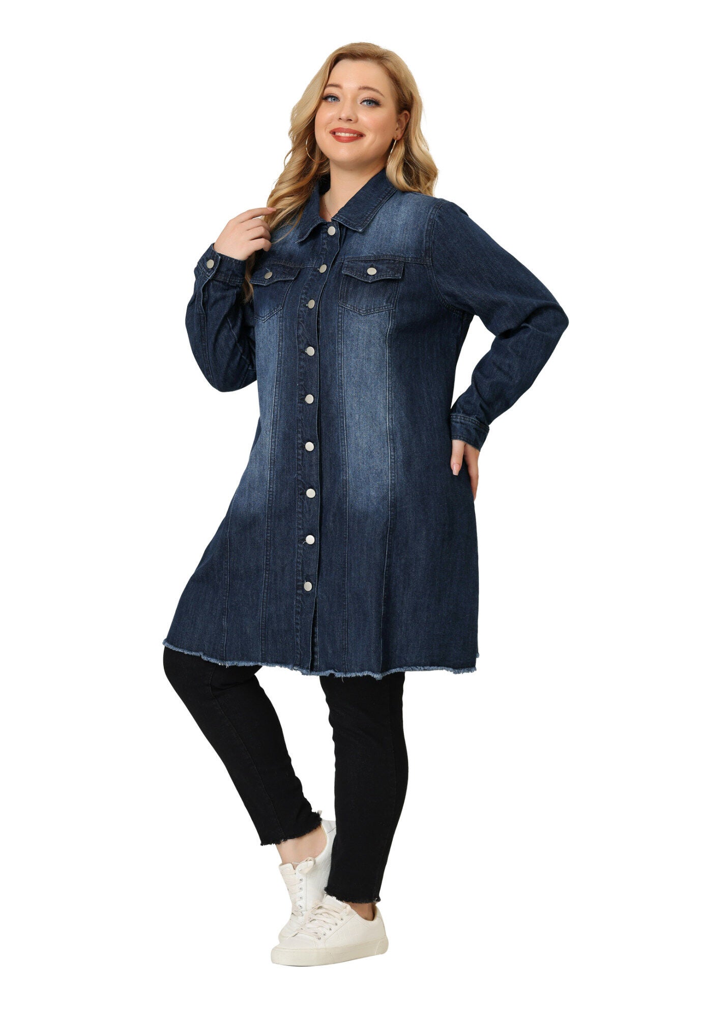 DISTRESSED BUTTON UP POCKET LONG DENIM JACKET, Dark Blue / Navy, hi-res image number 0