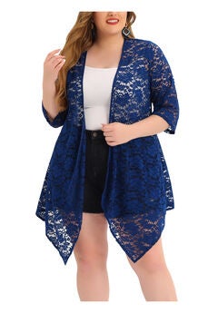 OPEN FRONT 3/4 SLEEVES CROCHET CARDIGAN COVER UP