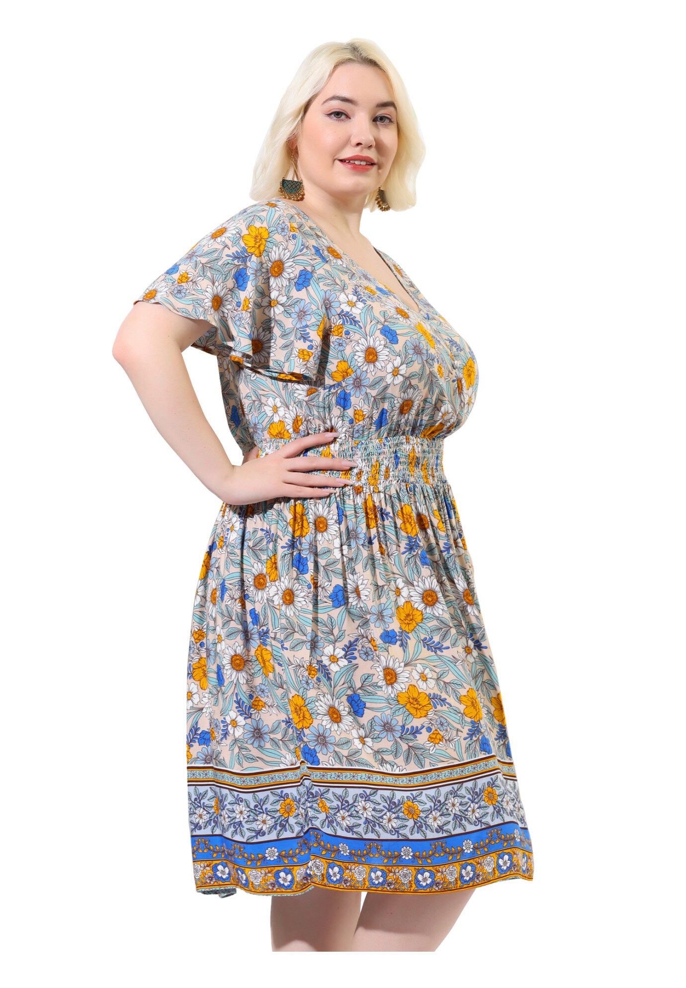 Placed Pattern Bohemian Smock Waist V Neck Summer Midi Dress, Beige / Beige, alternate image number 3