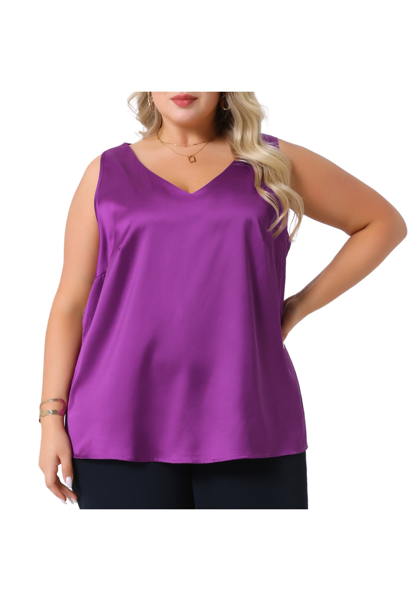 Satin Tank Top V Neck Casual Sleeveless Cami, Purple / Purple, alternate image number 2