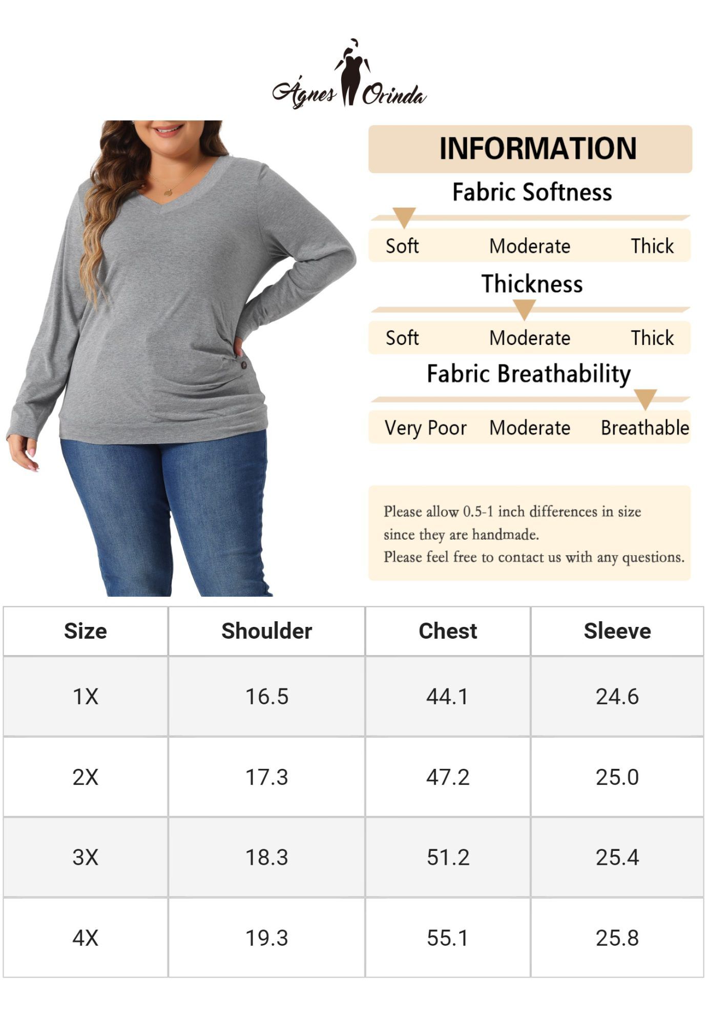 V Neck Long Sleeve Buttons Decor Ruched Casual Blouse Tunic Top, Grey / Light Grey, alternate image number 4