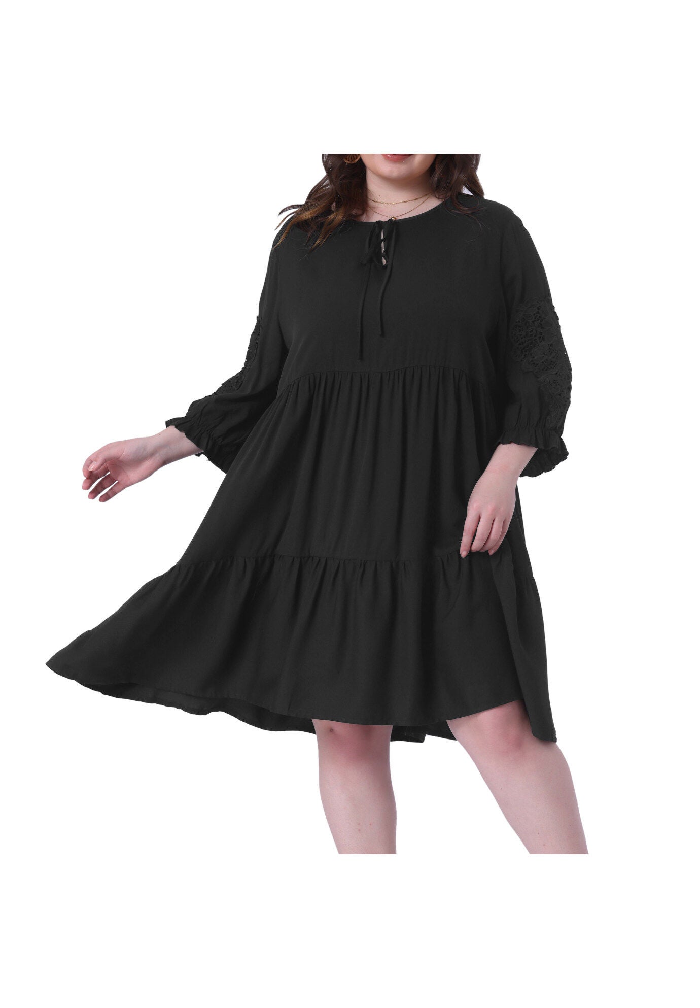 TIE NECK LACE SLEEVE RUFFLE MIDI FLOWY DRESS, Black / Black, alternate image number 1