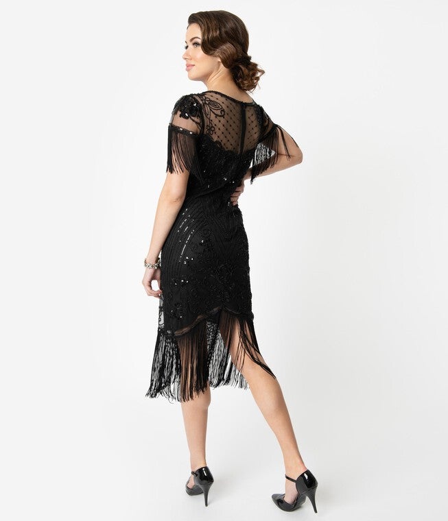 Unique Vintage 1920s Black Beaded Fringe Sleeve Nadine Flapper Dress, Black / Black, alternate image number 1