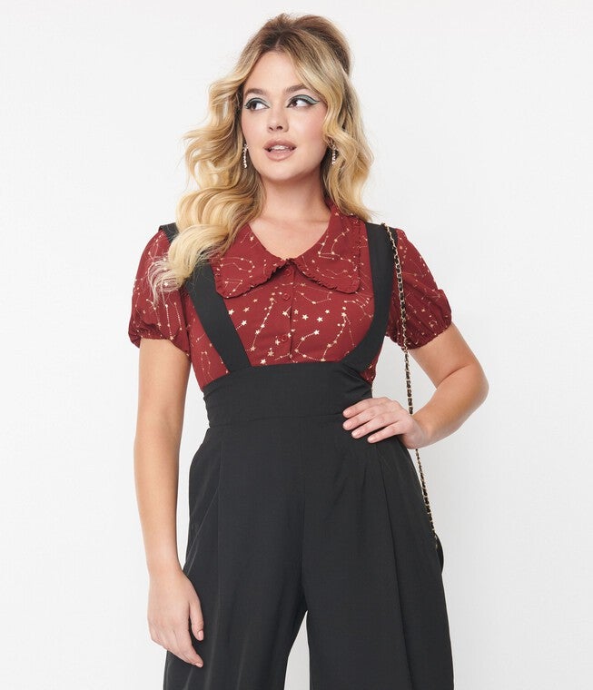 Unique Vintage Burgundy & Gold Stars Oversized Collar Blouse, Burgundy Gold Stars / Burgundy, hi-res image number null