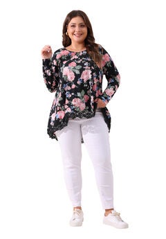 Crew Neck Lace Trim A-Line High Low Hem Floral Blouse Tunic Top