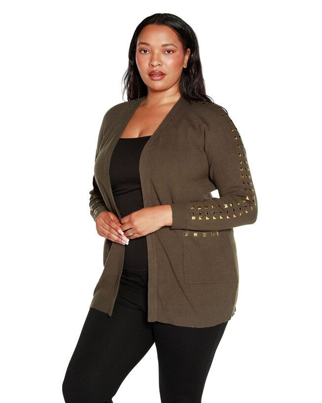 EMBELLISHED OPEN-FRONT CARDIGAN, Burnt Olive / Olive Green, alternate image number 3
