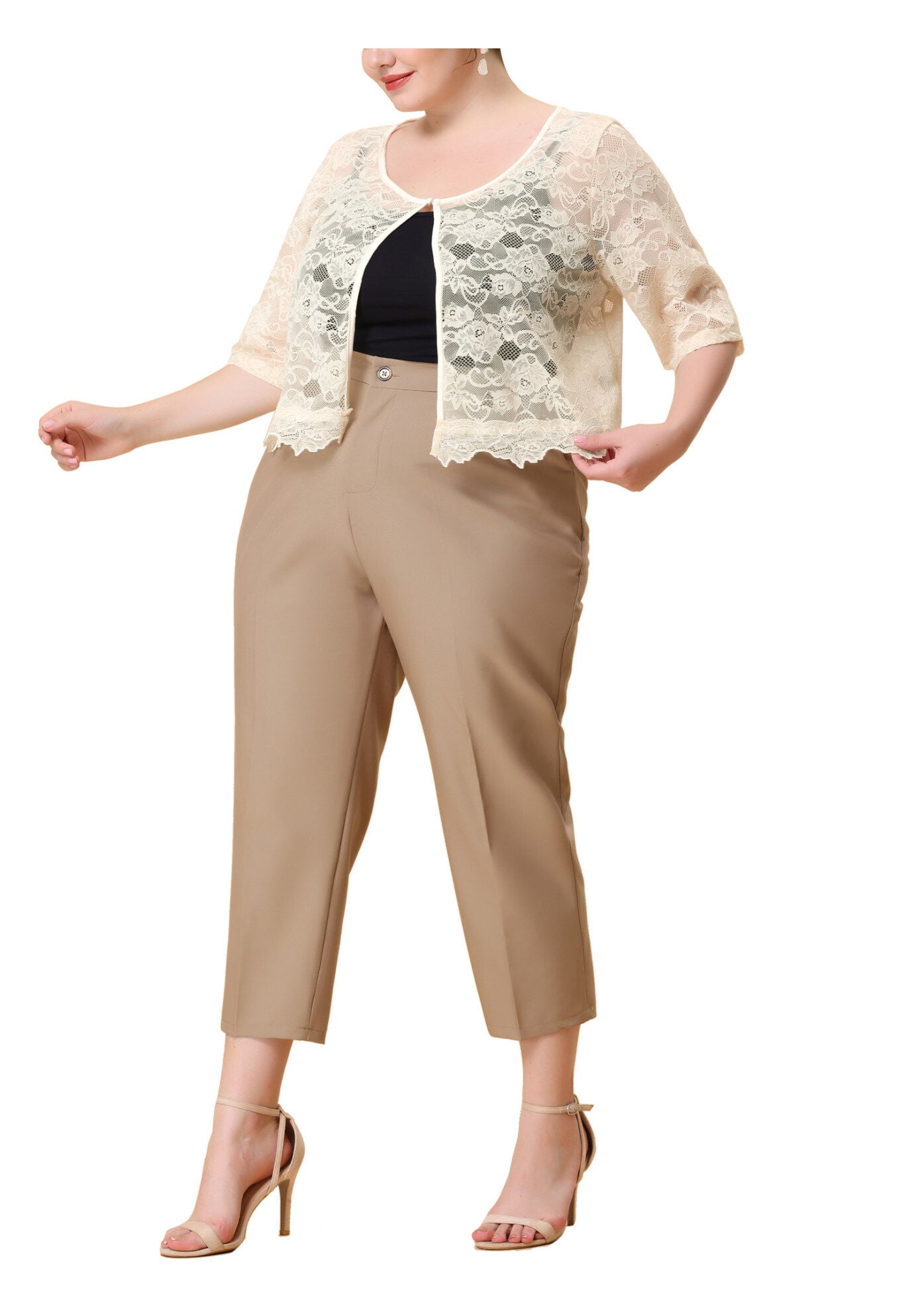 1/2 SLEEVE SHEER LACE BOLERO SHRUG, Beige / Beige, alternate image number 1