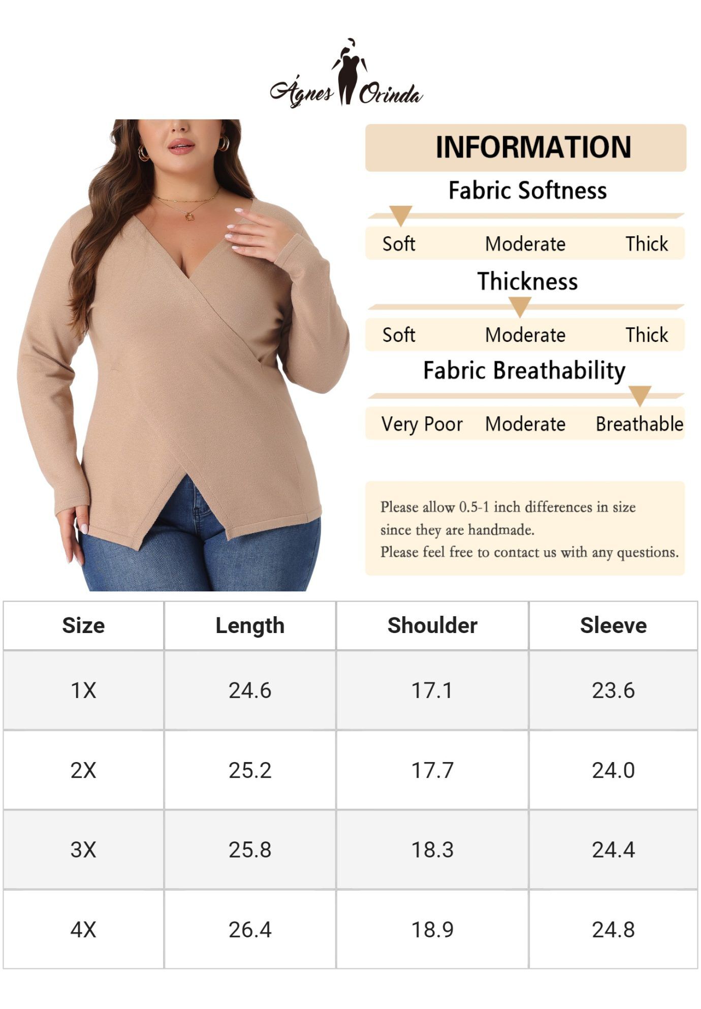 Wrap V Neck Criss Cross Asymmetrical Knit Top, Khaki / Brown, alternate image number 3