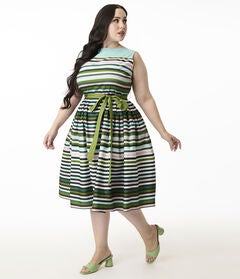 Unique Vintage Plus Size Spring Stripe Sleeveless Cotton Swing Dress