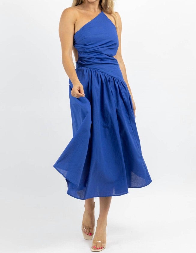 ASYMMETRIC RUCHE MIDI DRESS IN DEEP WATERS, Deep Waters / Light Blue, alternate image number null