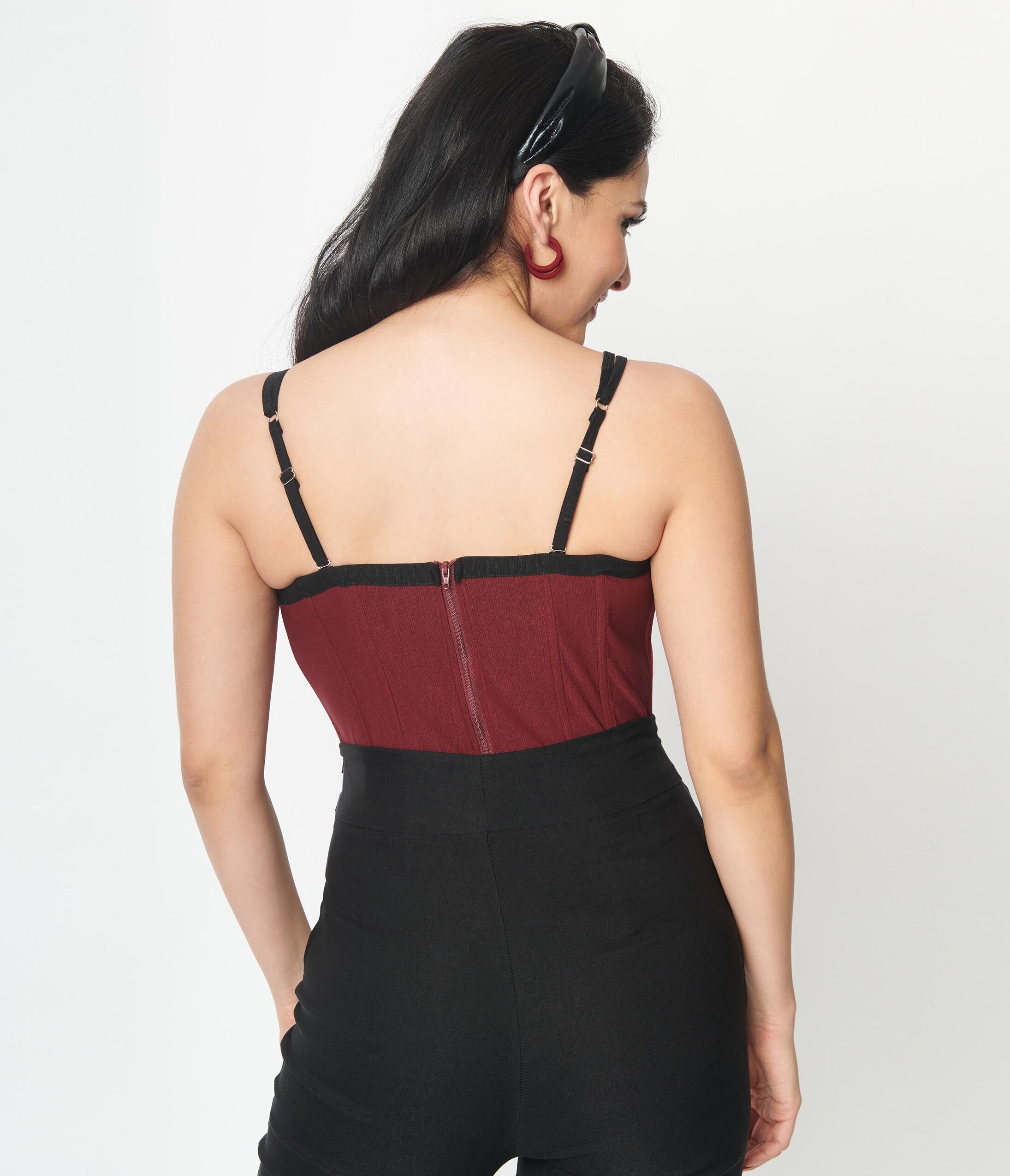 Unique Vintage Burgundy & Black Corset Top, Burgundy Black / Burgundy, alternate image number 1