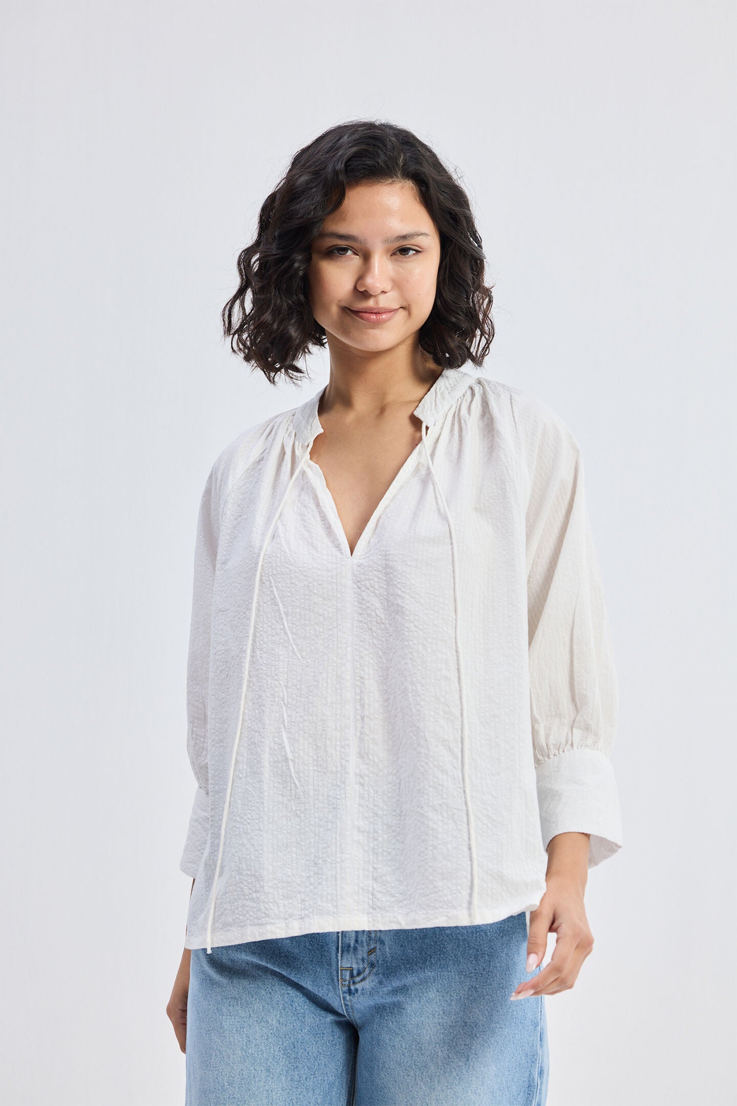 Relaxed Fit Top with Front-tie in Cream, Striped Horizon / White, alternate image number 4