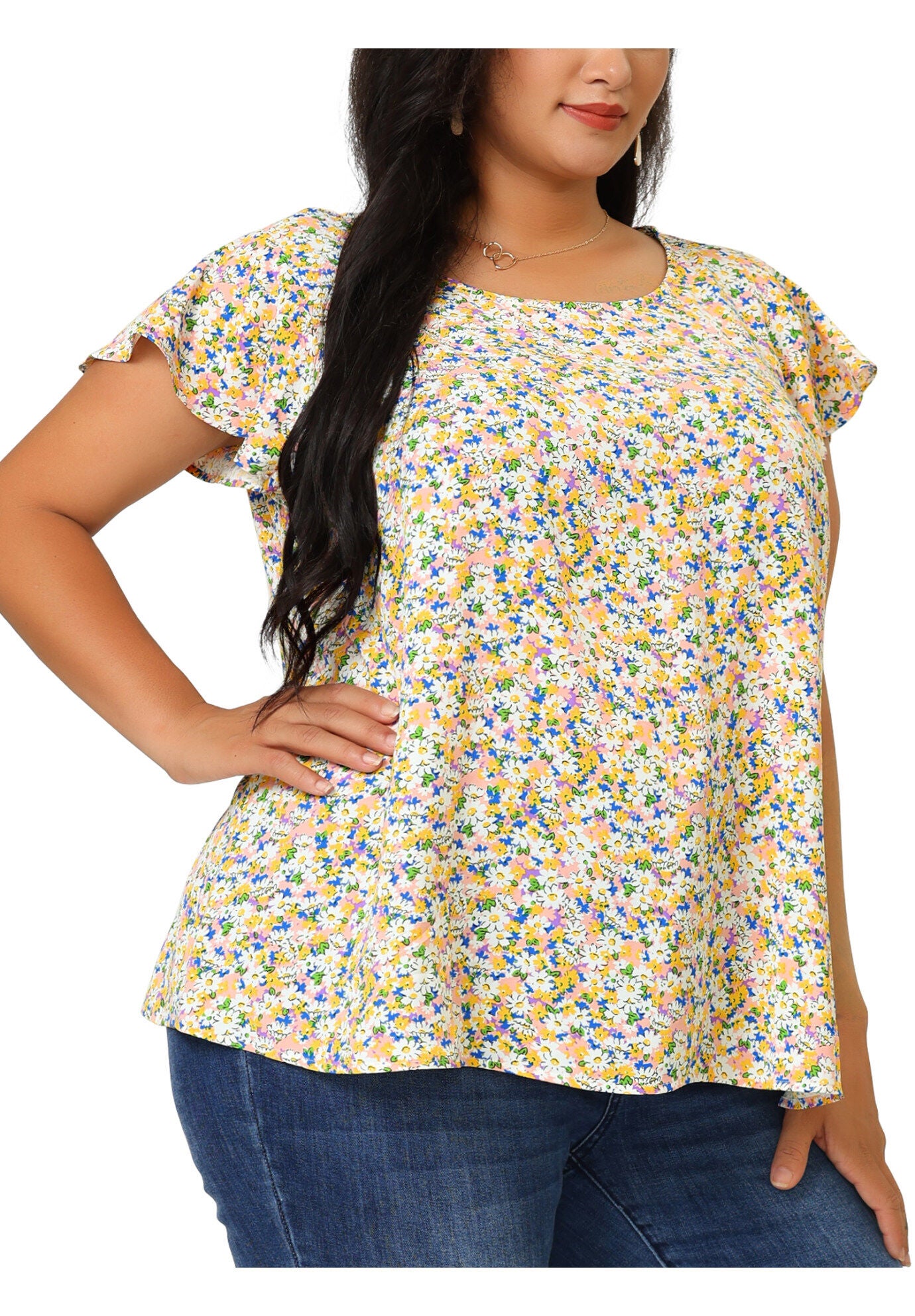 Summer Top Floral Round Neck Short Sleeves Ruffle Blouse, Pink / Pink, alternate image number 2