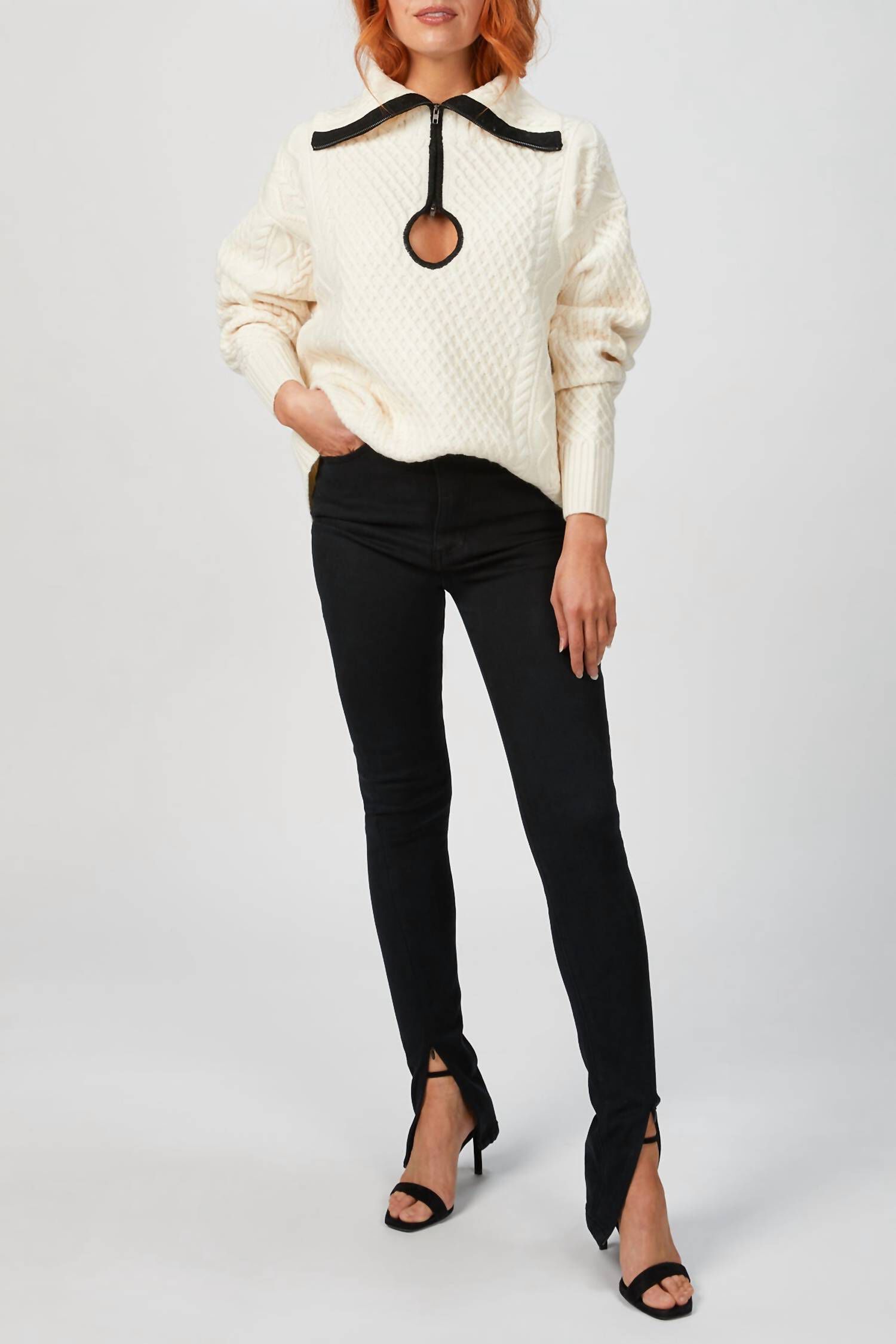 CABLE KNIT KEY HOLE SWEATER IN IVORY, Ivory / White, alternate image number 3