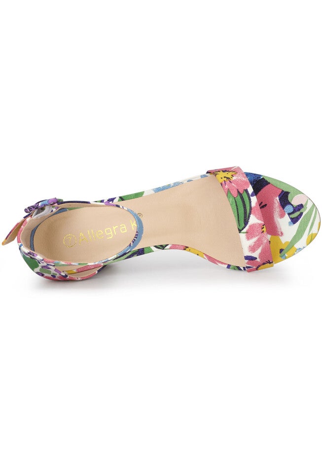 Floral Print Open Toe Block High Heels Summer Sandals, Blue White / Cornflower Blue, alternate image number 3