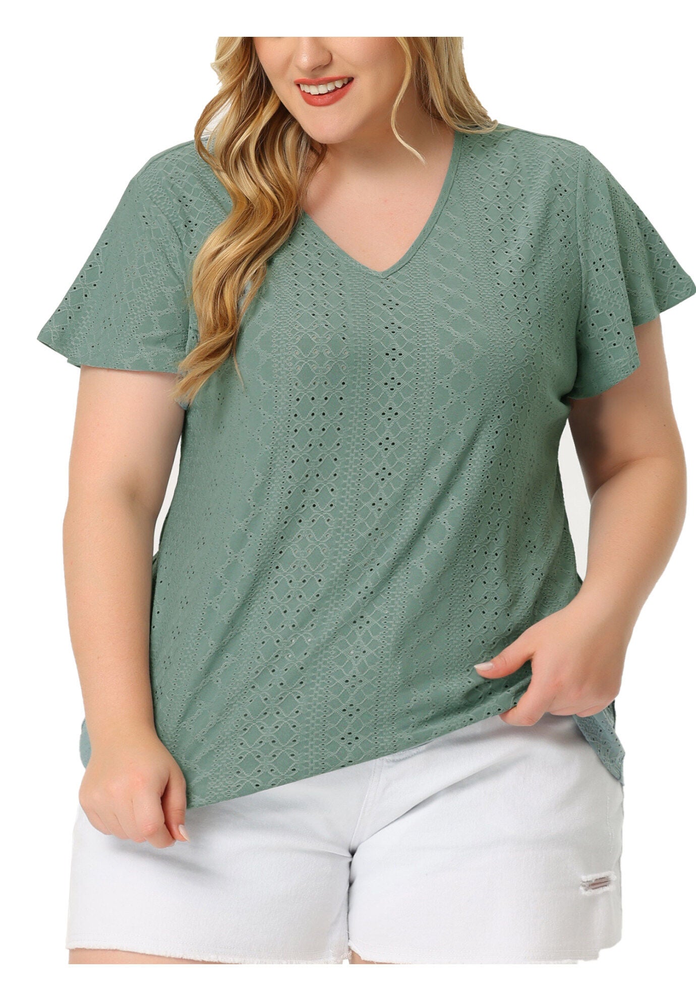 Summer Tee V Neck Hollow Flare Short Sleeve Casual Top Tunic, Green / Olive Green, alternate image number 2