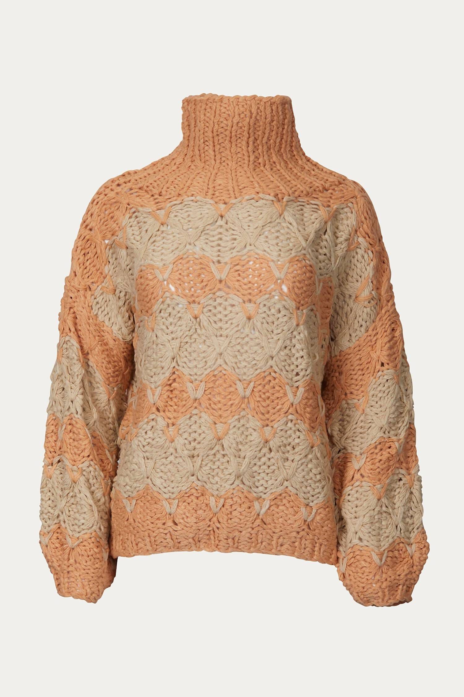 OPEN-KNIT CHUNKY TURTLENECK SWEATER IN BEIGE PAPAYA STRIPE, Beige Papaya Stripe / Beige, hi-res image number 0