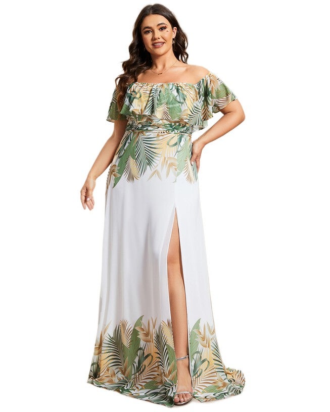 Summer Printed Chiffon Off the Shoulder A-Line Evening Dress, White Green / Sage Green, hi-res image number 0