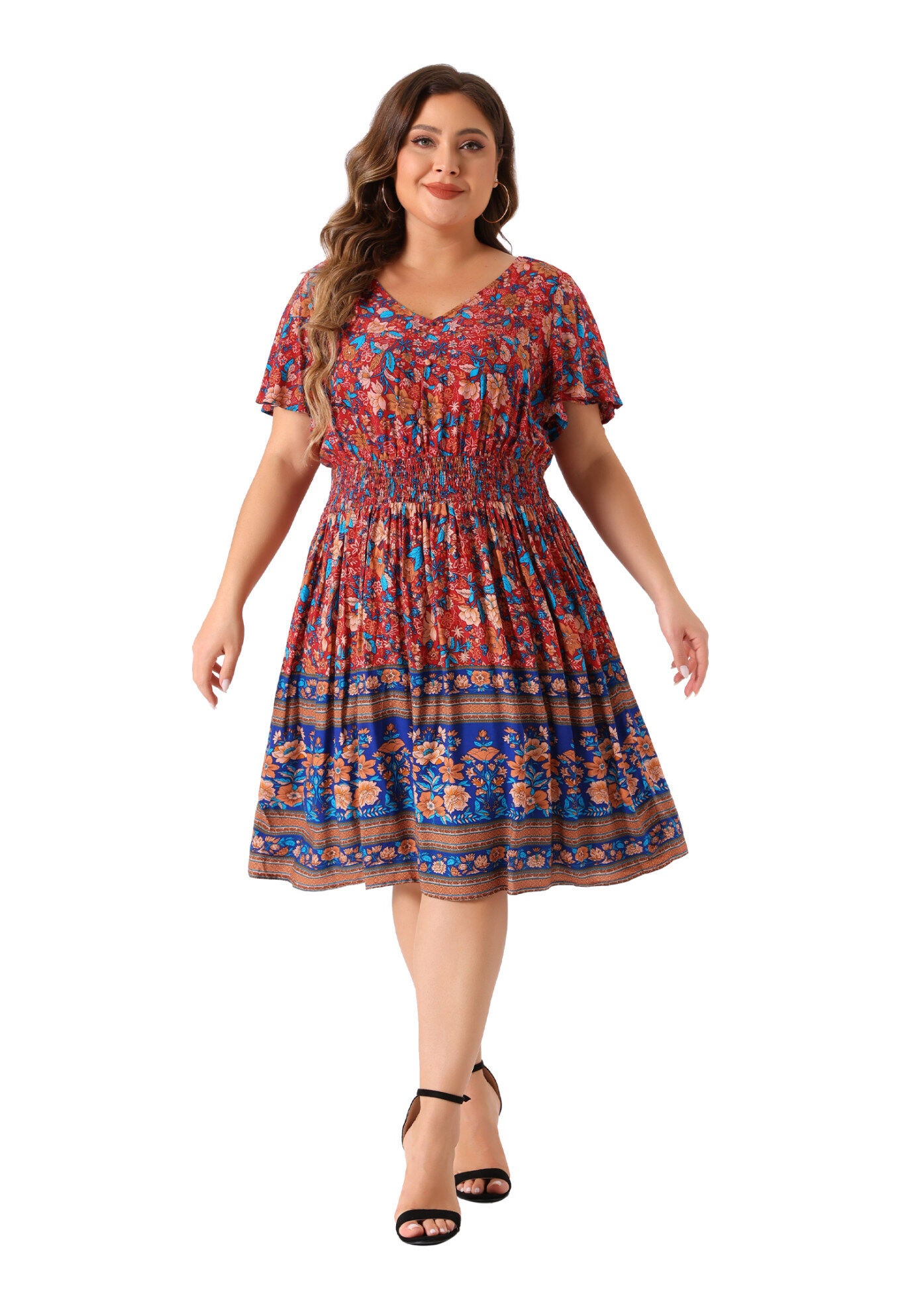 Placed Pattern Bohemian Smock Waist V Neck Summer Midi Dress, Blue Red / Red, hi-res image number 0