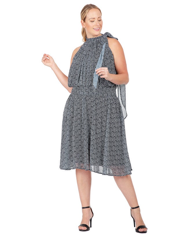 Penelope Women's Plus Size Flouncy Halter Neck Tie Mini Dress, Black White / Black, alternate image number 1
