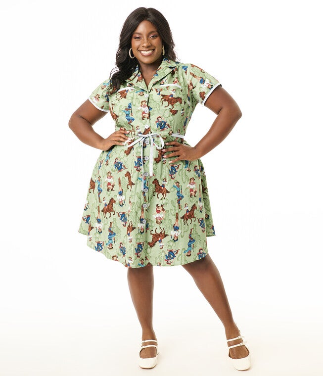 Unique Vintage Plus Size Western Pin-Ups Cotton Fit & Flare Dress, Light Green / Light Green, hi-res image number null