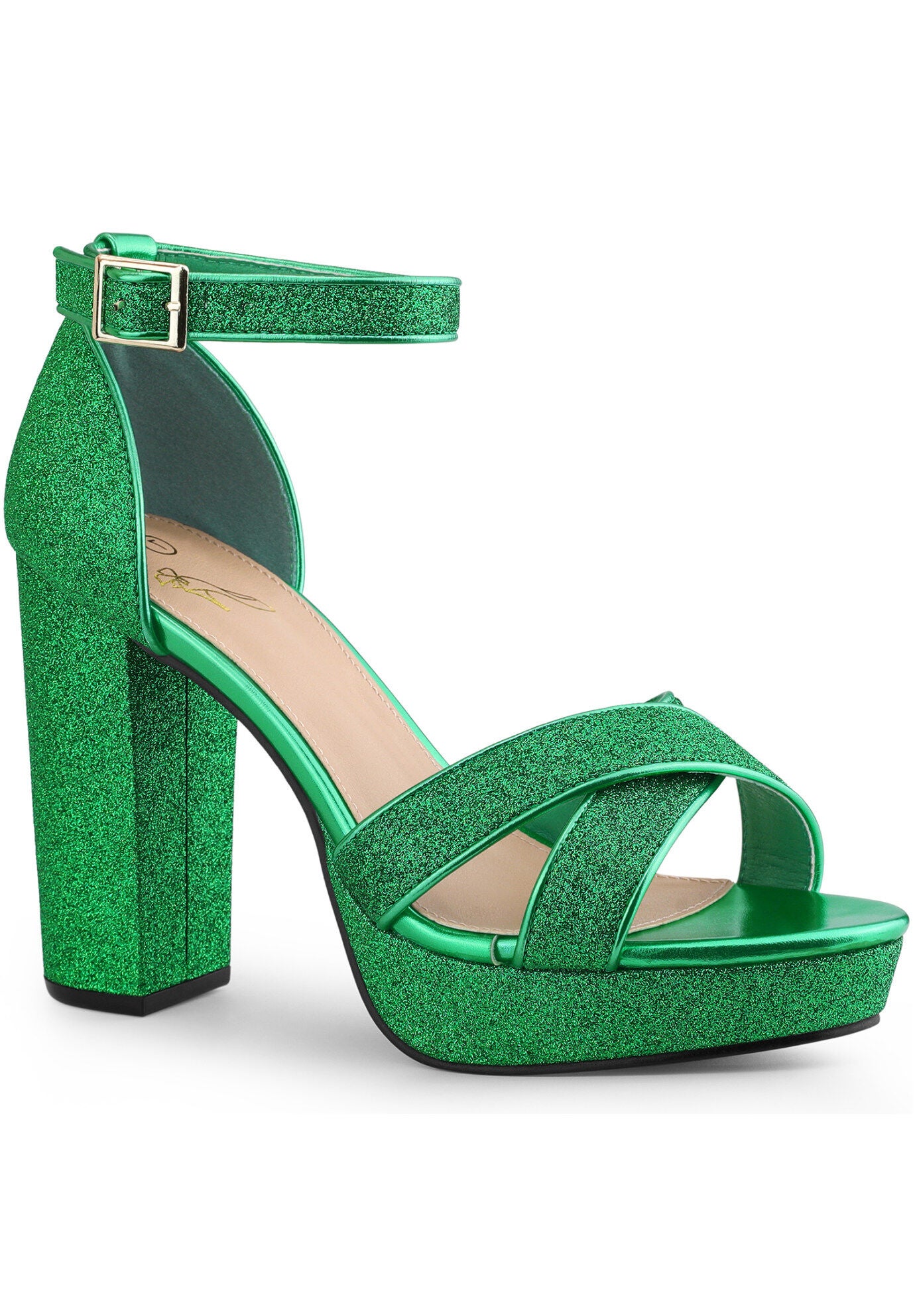 Glitter Platform Crisscross Strap Chunky Heels Sandals, Green / Kelly Green, hi-res image number 0