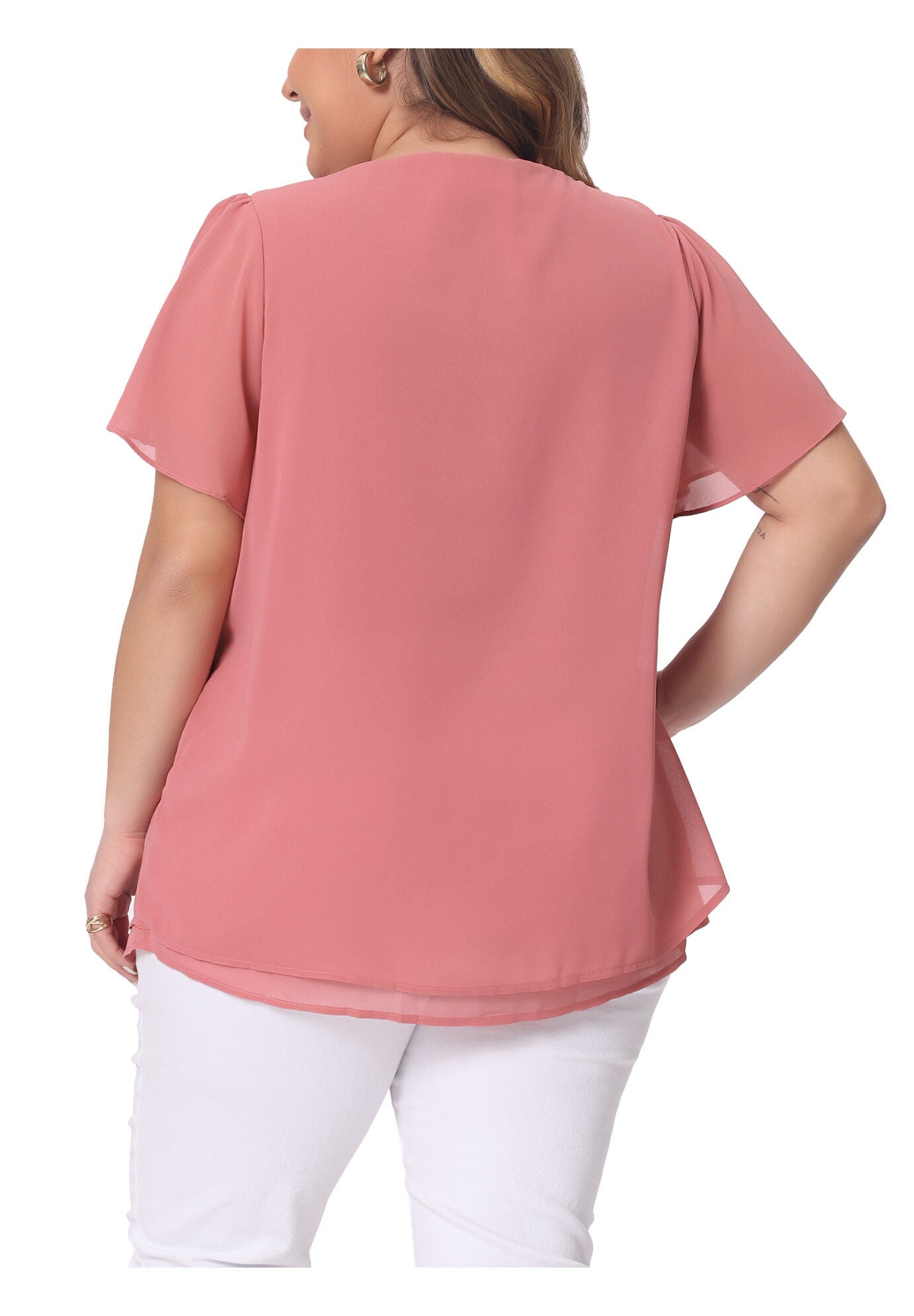 Ruffle Short Sleeve Double-Layered Chiffon Blouse, Pink / Pink, alternate image number 3