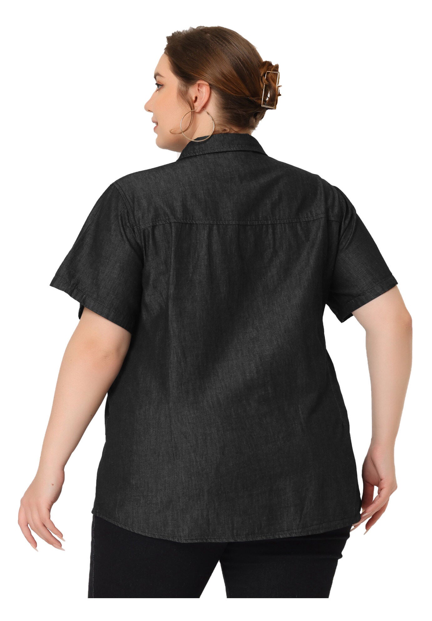 Short Sleeve Chambray Button Down Denim Shirt, Black / Black, alternate image number 3
