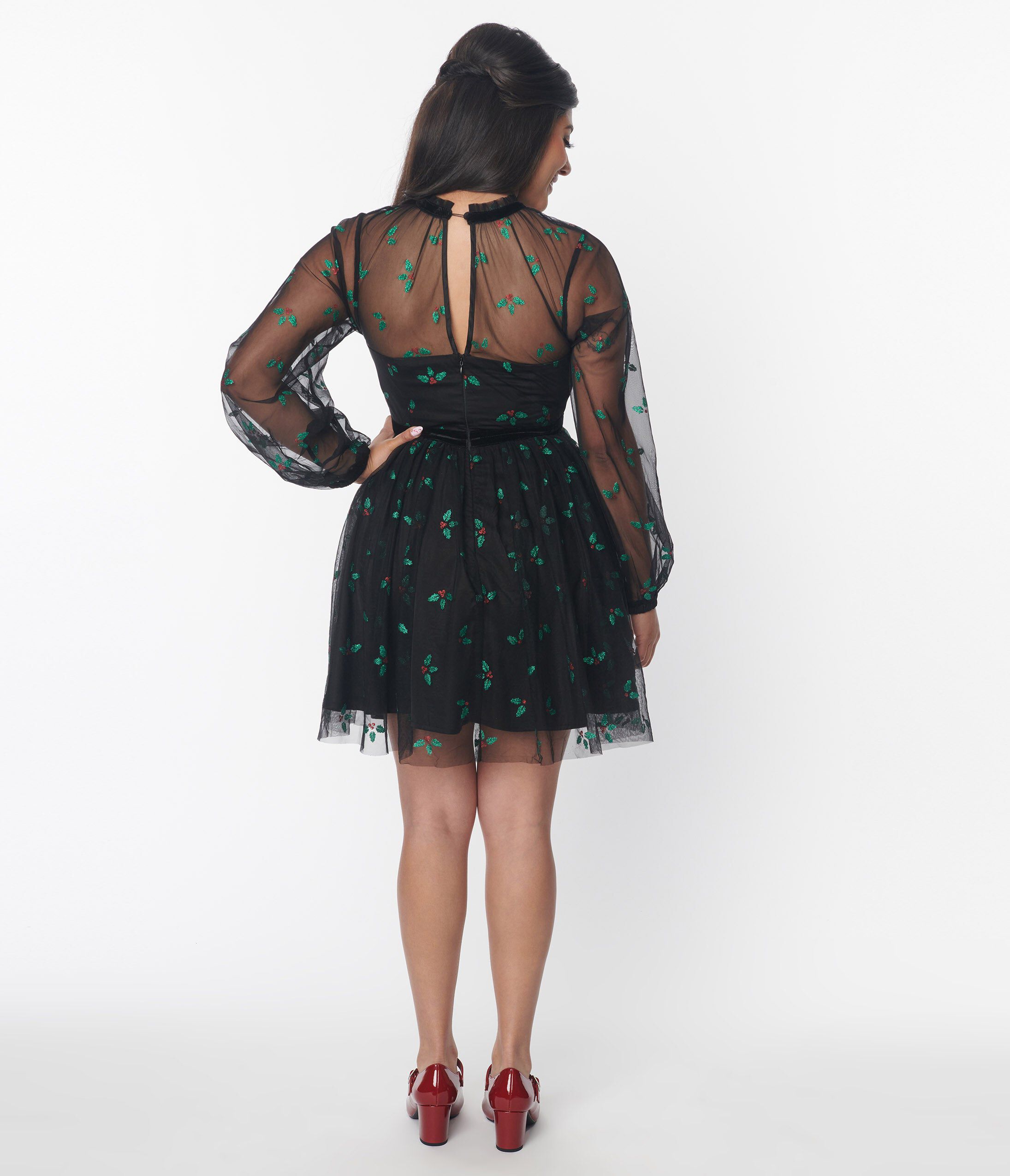 Unique Vintage Black & Glitter Mistletoe Flare Dress, , alternate image number 6