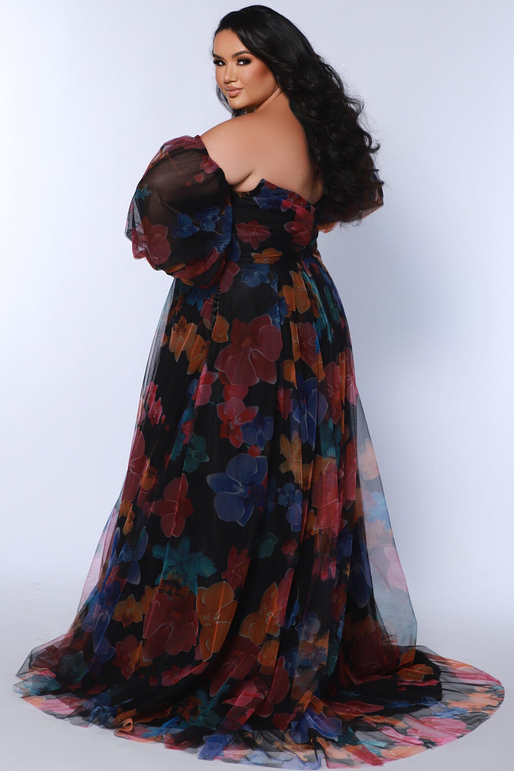 D&eacute;j&agrave; Vu Off-Shoulder Tulle Gown, Multi Floral / Black, alternate image number 1