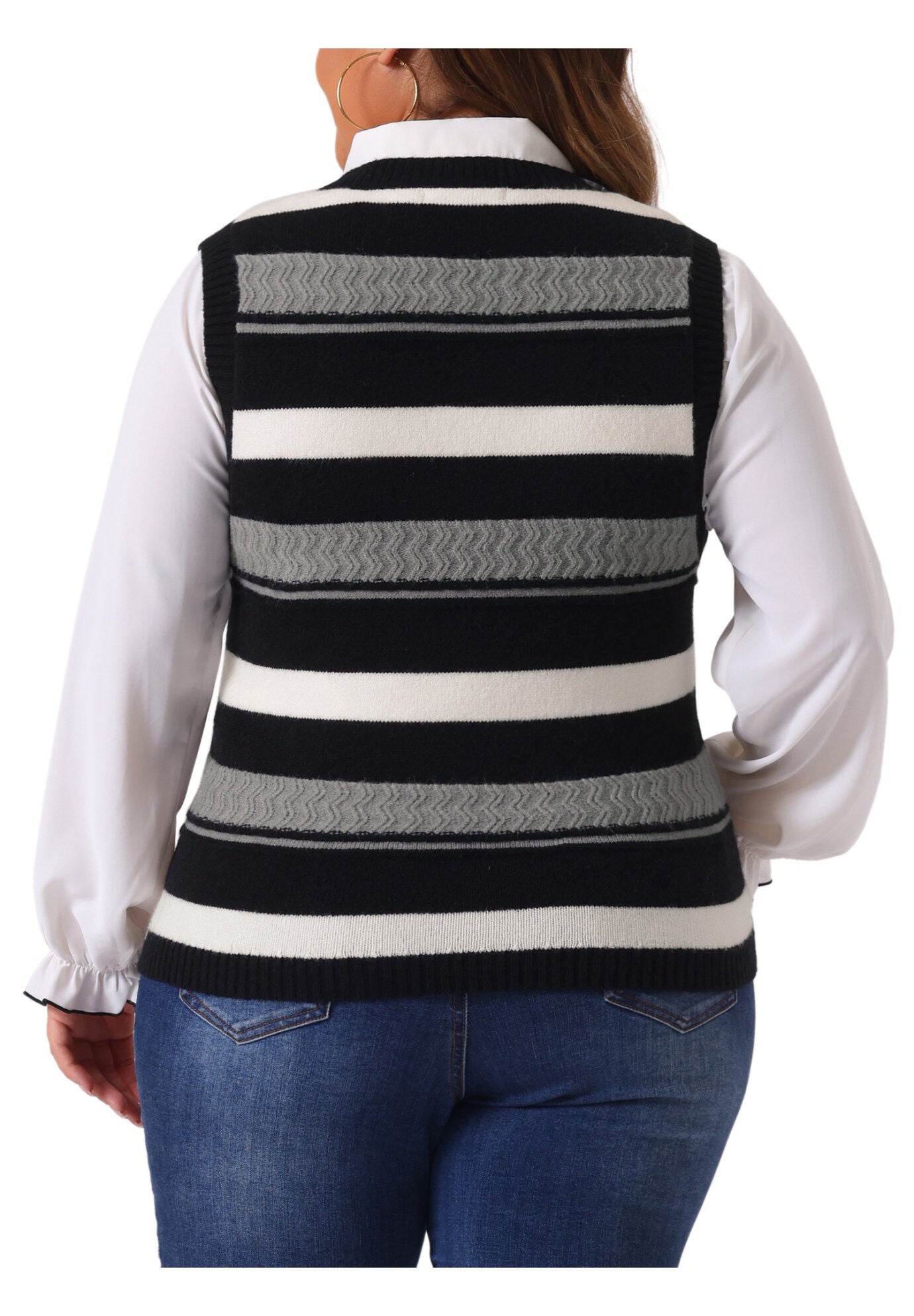 V Neck Striped Knit Casual Pullover Sweater Vest, Black / Black, alternate image number 3