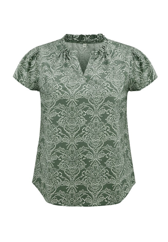 Floral Printed Ruffle V Neck Short Sleeve Popover Blouse, Gray Green / Charcoal Grey, alternate image number 3