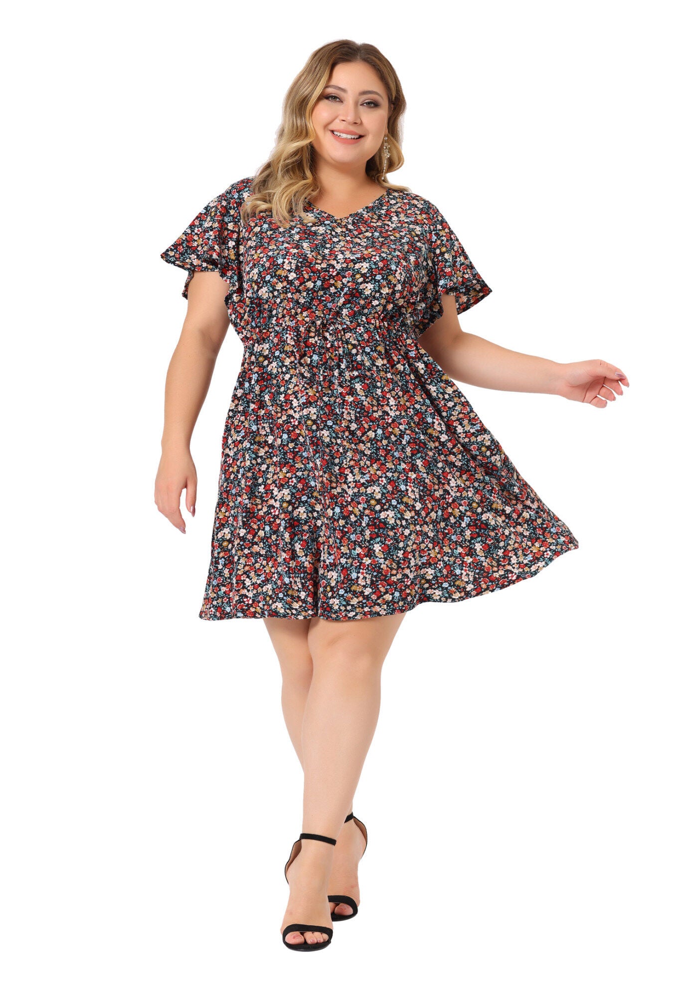 Floral Drawstring Waist V Neck Dress, Black Red / Black, hi-res image number 0